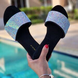 Women's Rhinestone Flats Sandals Black Color